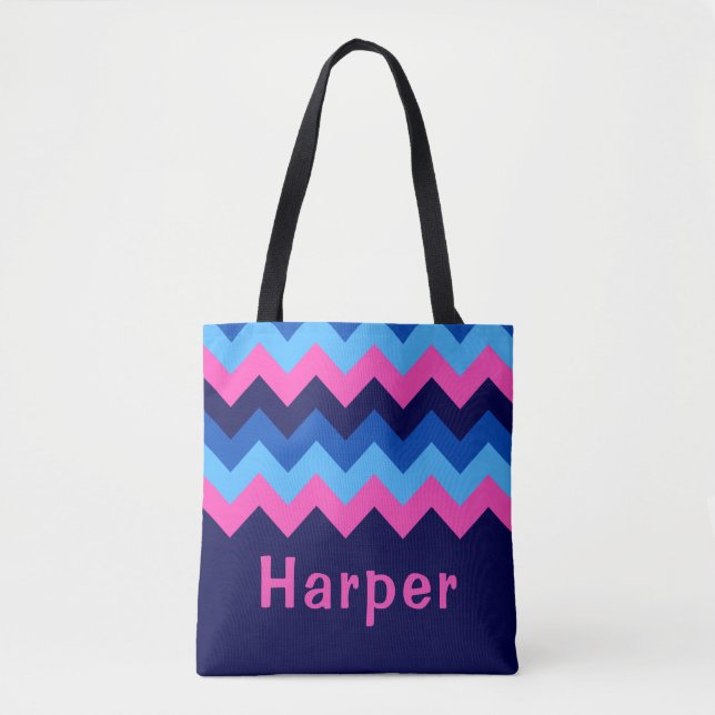 Coola Blue Rosa Chevron Monogram Tote Bag Tygkasse (Framsida)