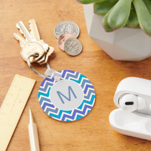 Coola Blue Sporty Chevron Mönster Monogram Nyckelring