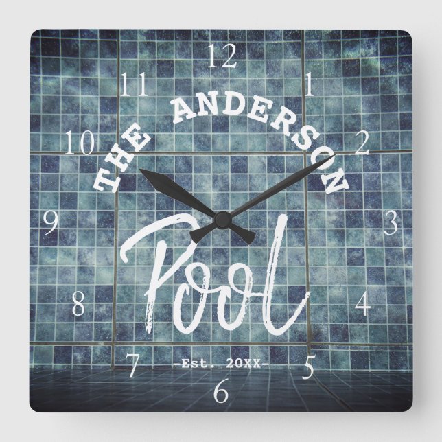 Coola Blue Tile Swimming Bassäng Family Namn Anpas Fyrkantig Klocka (Framsida)