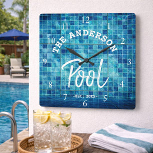 Coola Blue Tile Swimming Bassäng Family Namn Anpas Fyrkantig Klocka