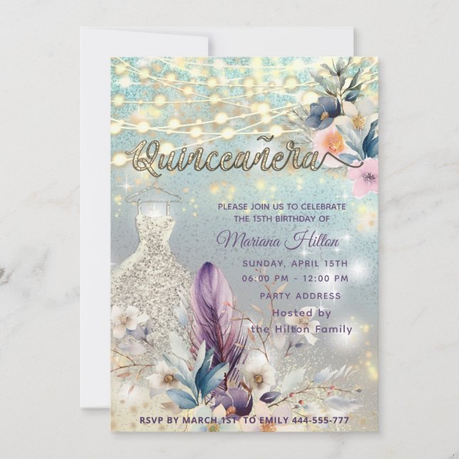 Coola boho blommigt glitter String ljus gnistra Inbjudningar (Framsida)