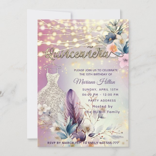 Coola boho blommigt glitter String ljus gnistra Inbjudningar (Framsida)
