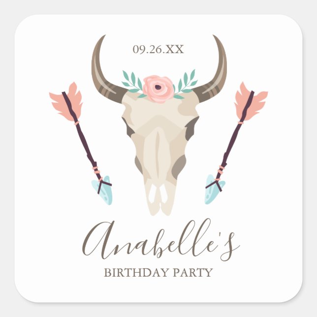Coola Boho Cow Skull Fyrkantigt Klistermärke (Framsida)