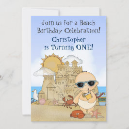 Coola Boy Beach Baby och Sandcastle 1:a födelsedag Inbjudningar