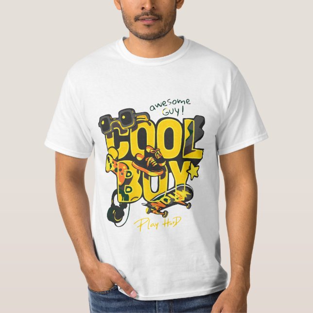 Coola Boy Typography med snyggt Icons of Hobby T Shirt (Framsida)