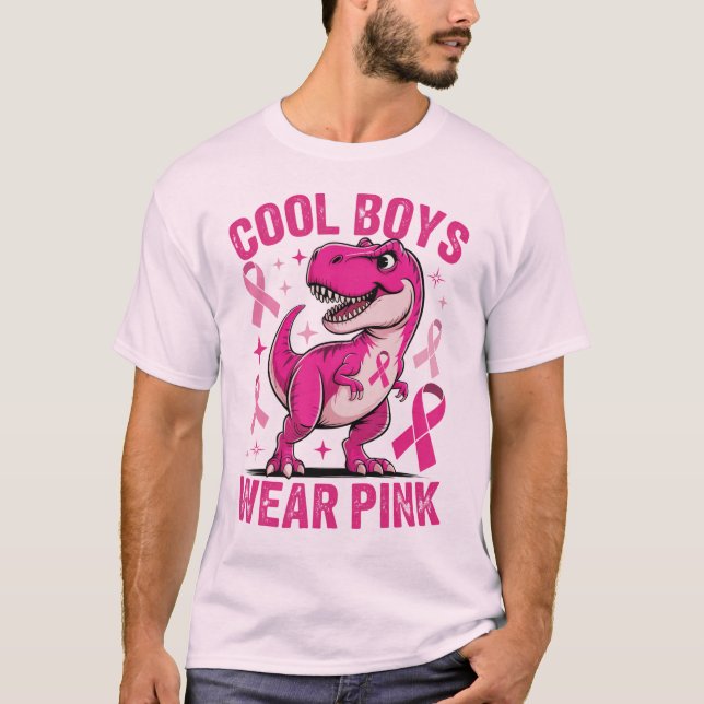 Coola Boys Bära Rosa, T- Rex Breast Canceness Awar T Shirt (Framsida)