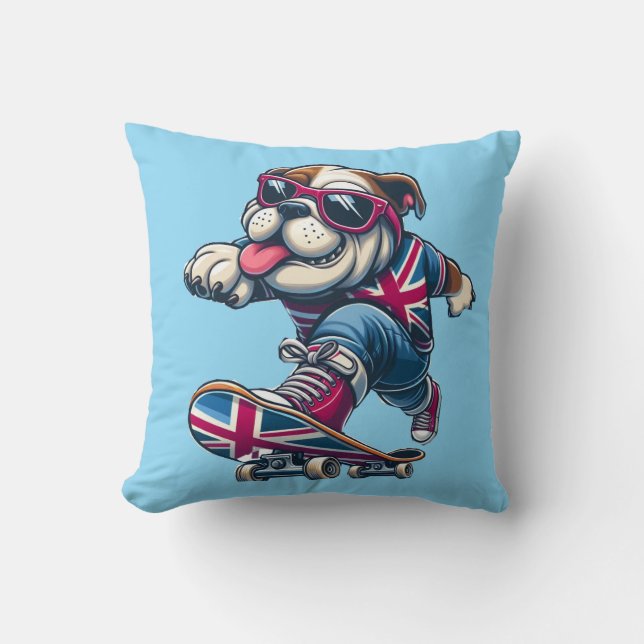 Coola British Bulldog på Skateboard Kudde (Framsida)