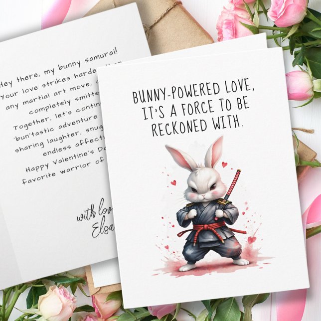 Coola Bunny Ninja Warrior Boykompis Valentindagen Kort (Cool White Bunny Ninja Warrior Valentine's Day Card)