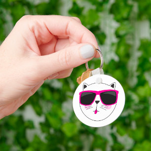 Coola Cat Ansikte med Rosa Sunglass Cute Kattunge Nyckelring