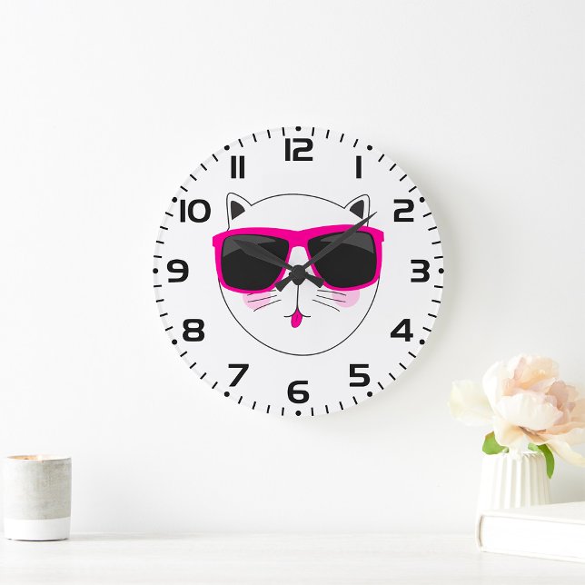 Coola Cat Ansikte med Rosa Sunglass Cute Kattunge Stor Klocka (Skapare uppladdad)
