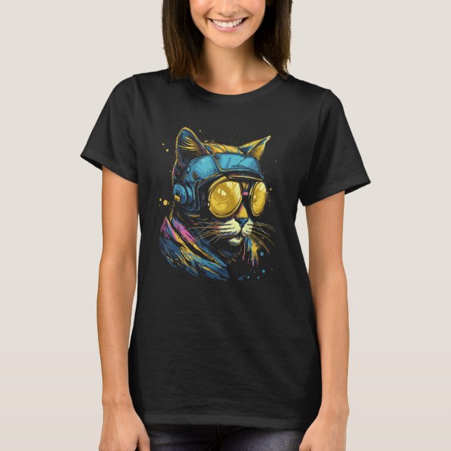 Coola Cat Bära Pilot Goggles Design T Shirt (Framsida)