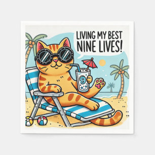 Coola Cat Chilling on Beach - Lustigt Tecknad Pappersservett