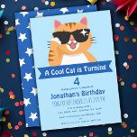 Coola Cat Funny Cute Child's Birthday Inbjudningar<br><div class="desc">Fira coolans speciella dag med den här Coolan Kattens födelsedag. Inbjudan har en söt orange tabby katt med solglasögon mot en lätt pastellbakgrund. Baksidan är en mönster av vita stjärnor.</div>