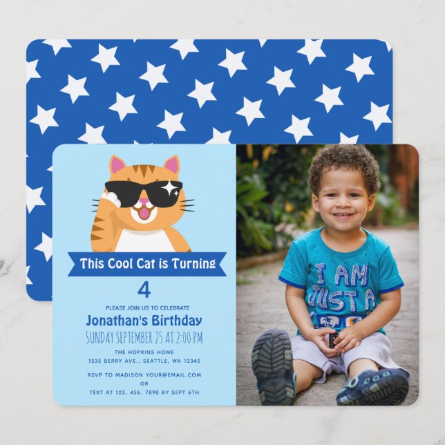 Coola Cat Funny Cute Child's Birthday Photo Inbjudningar (Fram/baksida)