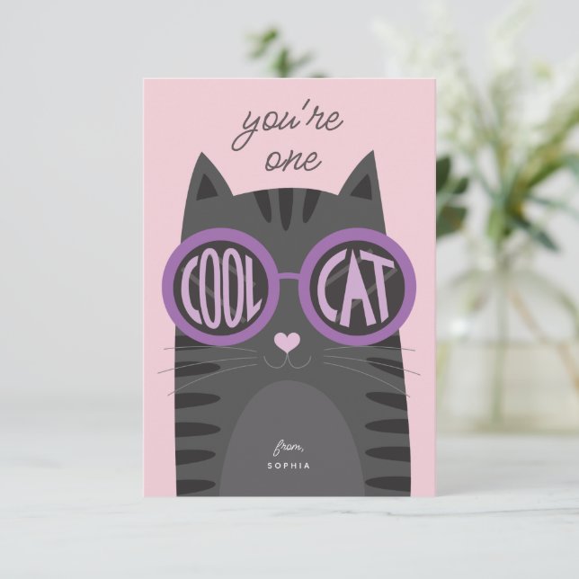 Coola Cat Grått Valentine day Card_Lila Inbjudningar (Stående Fram)