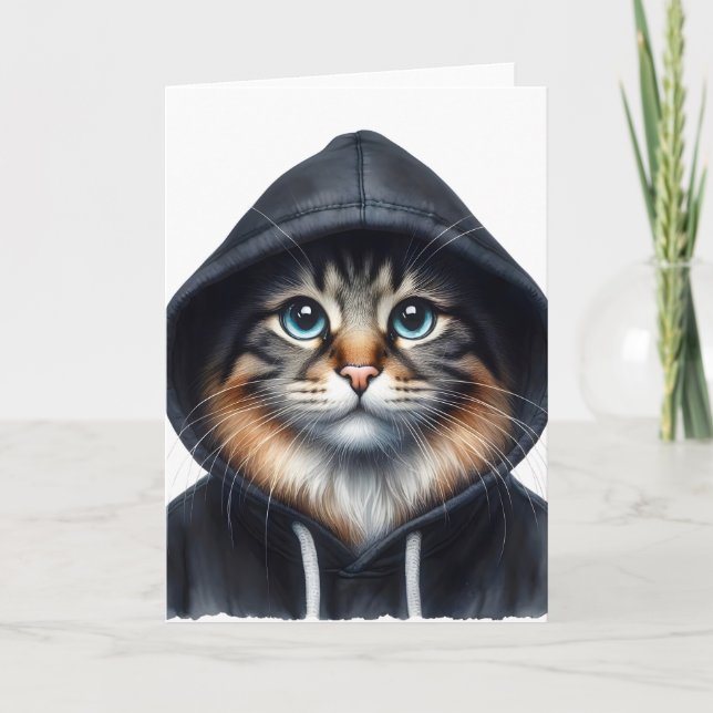 Coola Cat in Black Hoodie Blank Hälsning Kort (Framsida)