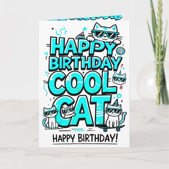 Coola Cat med cyan Shades Birthday Card Kort (Framsida)
