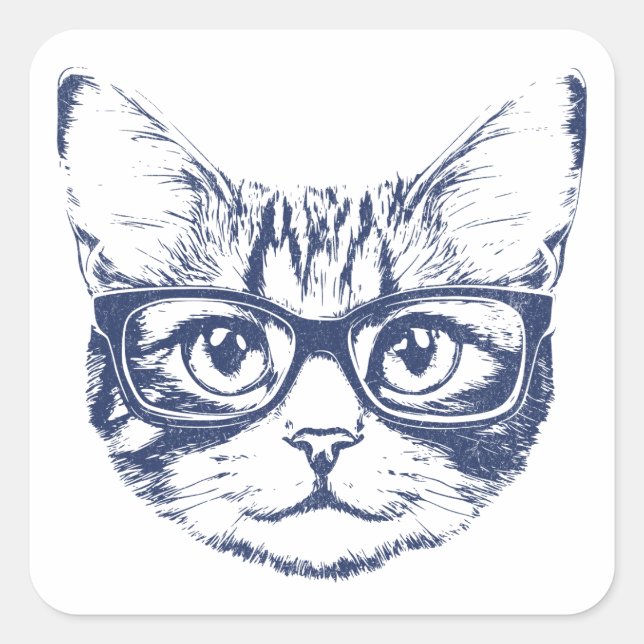 Coola Cat med glas Fyrkantigt Klistermärke (Framsida)