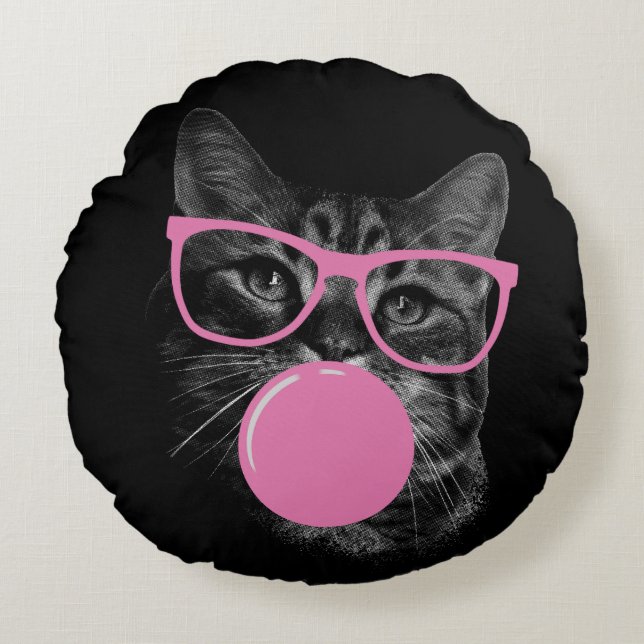 Coola Cat med Rosa Glass & Bubble Gum Rund Kudde (Framsidan)