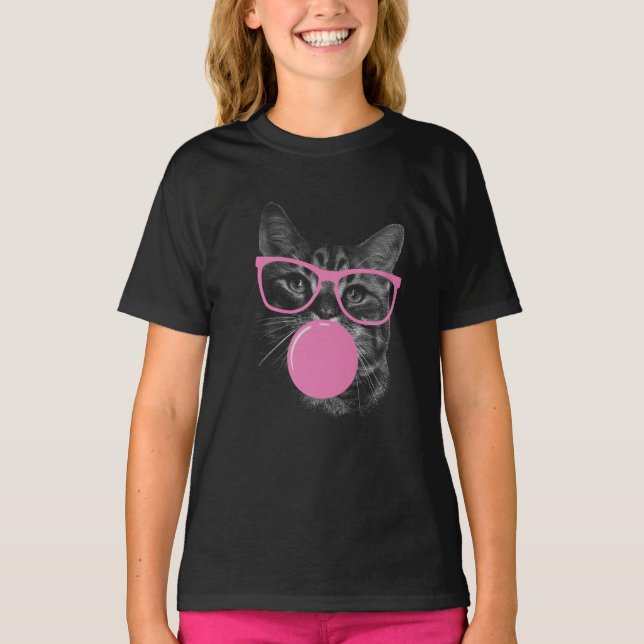 Coola Cat med Rosa Glass & Bubble Gum T Shirt (Framsida)