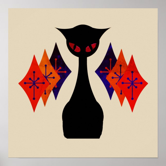 Coola Cat Red Öga Mid Century Retro Art Poster (Framsidan)