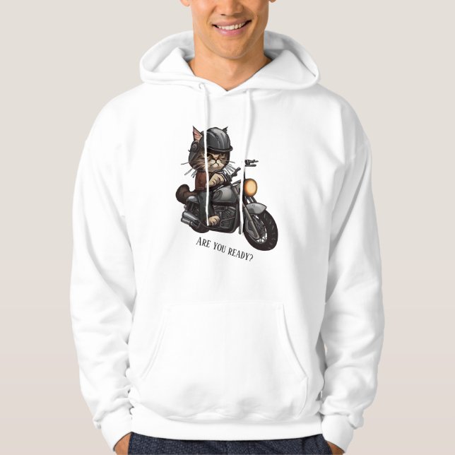 Coola Cat Riding Motorcycle Är du redo? Hoodie (Framsida)