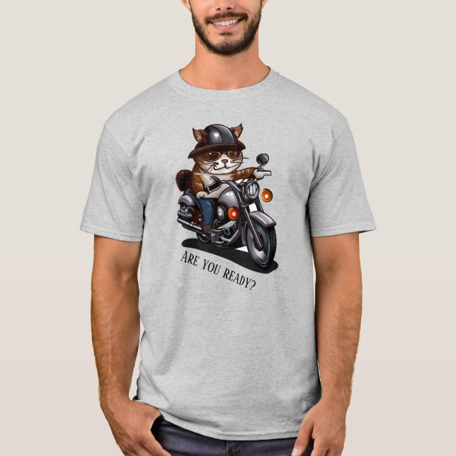 Coola Cat Riding Motorcycle Är du redo? T Shirt (Framsida)