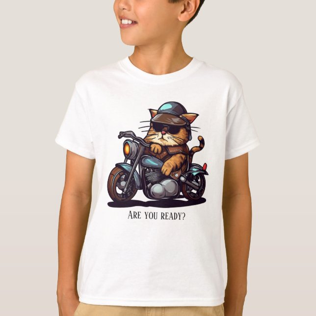Coola Cat Riding Motorcycle Är du redo? T Shirt (Framsida)