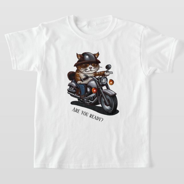 Coola Cat Riding Motorcycle Är du redo? T Shirt (Laydown)