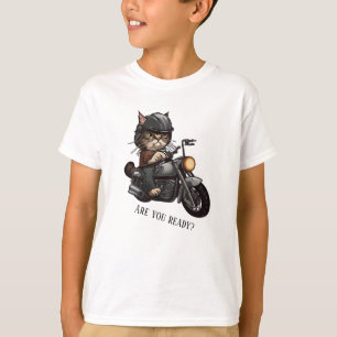 Coola Cat Riding Motorcycle Är du redo? T Shirt