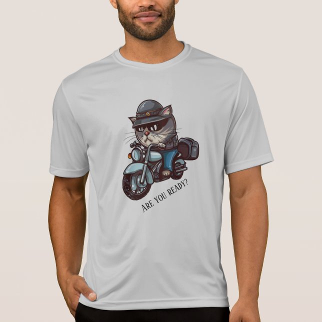 Coola Cat Riding Motorcycle Är du redo? T Shirt (Framsida)