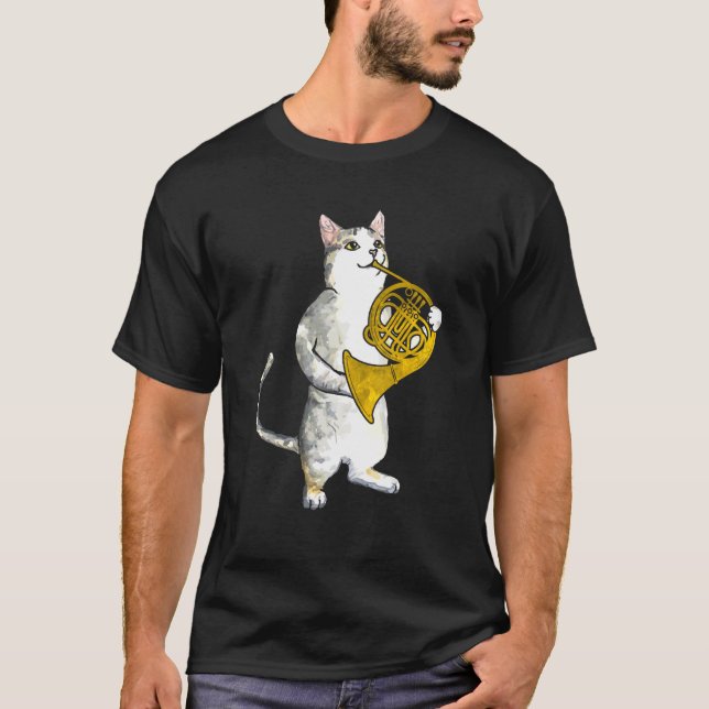 Coola Cat Spelande Fransk Horn Musician Orchestra  T Shirt (Framsida)