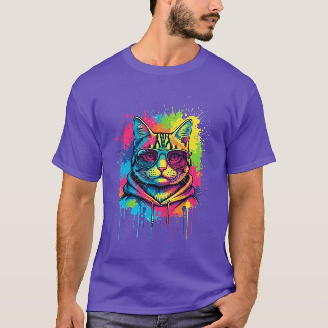 Coola Cat Street Art - Neon Stänk Kattunge T Shirt (Framsida)