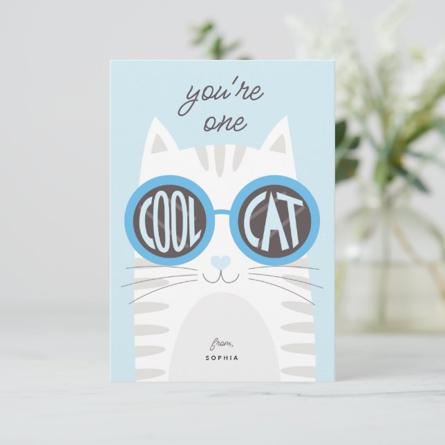 Coola Cat Valentine's day Card_blue Inbjudningar (Stående Fram)