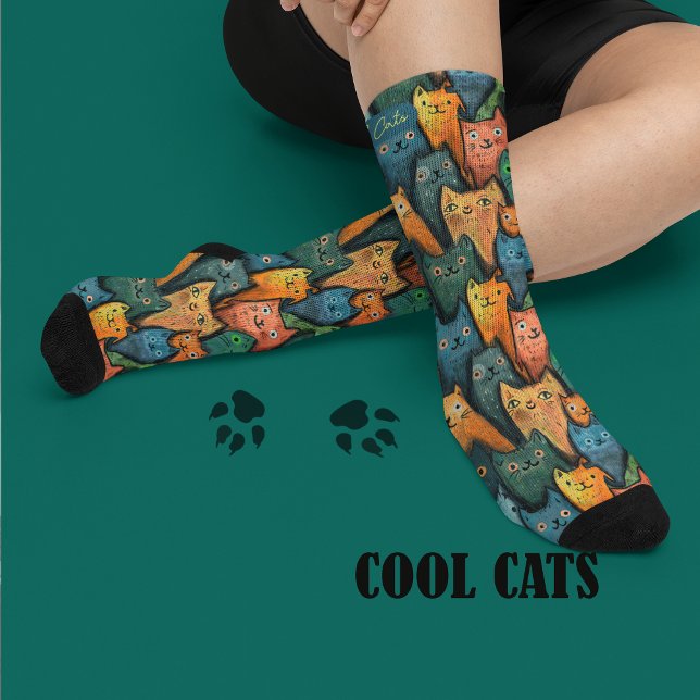 Coola Cats-färgad vattenfärg Strumpor (Cool Cats Colorful Watercolor Socks)