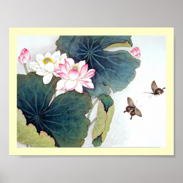 coola chinese lotus löv rosa blomsterflugkonst poster (Framsidan)