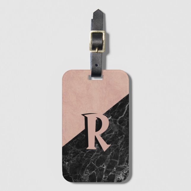 Coola Classy Rosa Black Marble Monogram Anpassning Bagagebricka (Framsida vertikal)