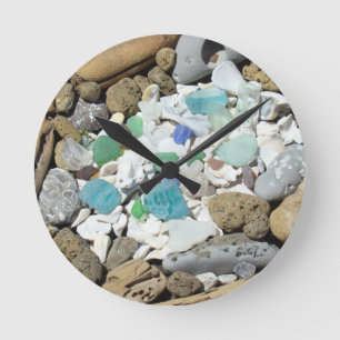Coola ClocksSea Glass Seashells Fossils Driftwood Rund Klocka