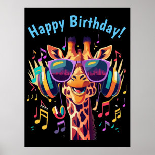 Coola Colorful Party Giraffe med hörlurar Poster