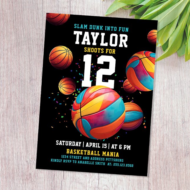 Coola Colorful Sport Basketball Black Bday Party Inbjudningar (Skapare uppladdad)