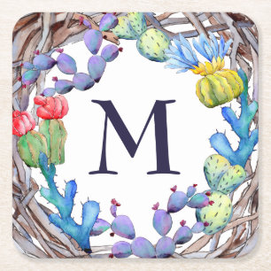 Coola Colorful Watercolor Cactus Monogram Underlägg Papper Kvadrat