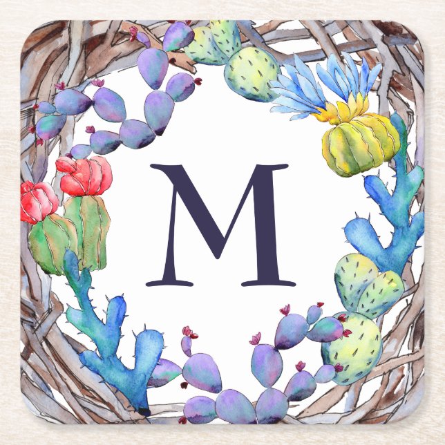 Coola Colorful Watercolor Cactus Monogram Underlägg Papper Kvadrat (Framsidan)