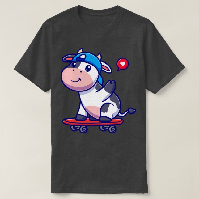 Coola Cow med Skateboard-Tecknad T Shirt (Design framsida)