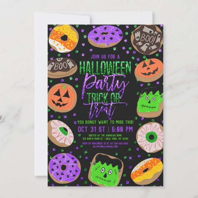 Coola Cute Glitter Confetti Donuts Halloween fest Inbjudningar (Framsida)