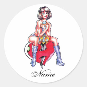 Coola Cute Manga Girl Heart and Dagger tatuering Runt Klistermärke