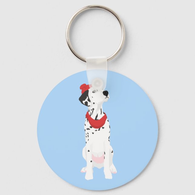 Coola Dalmatien med Red Winter Hat och Shawl Nyckelring (Framsida)