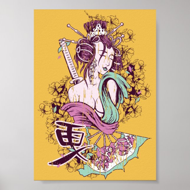 coola dekorativ japansk samurai geisha art poster (Framsidan)