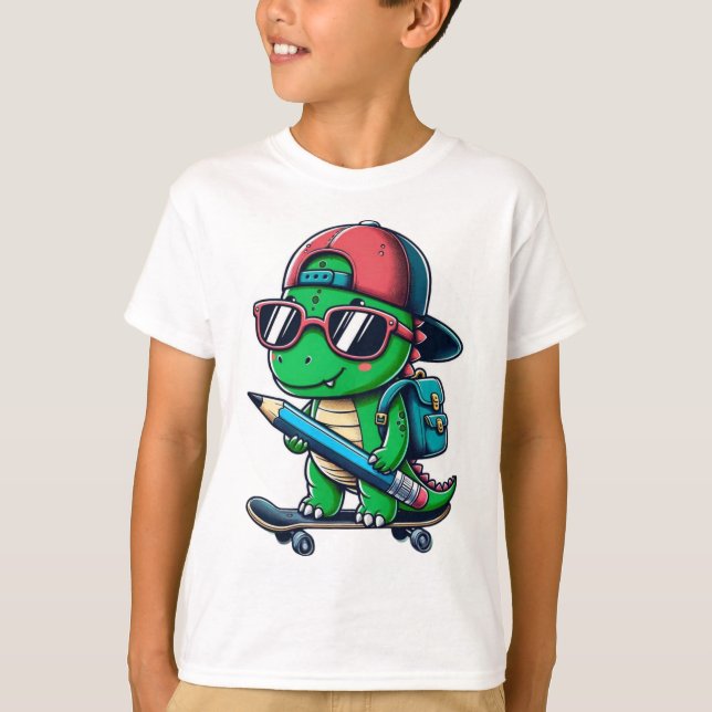 Coola Dino Skateboarding Back to school Art T Shirt (Framsida)