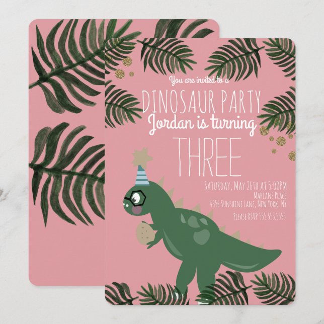 Coola Dinosaur Födelsedagsfest Girl Glitter Confet Inbjudningar (Fram/baksida)