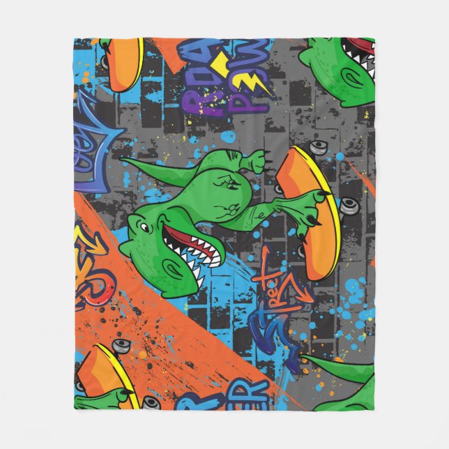 Coola Dinosaur Skateboard Seamless Mönster Fleecefilt (Framsidan)